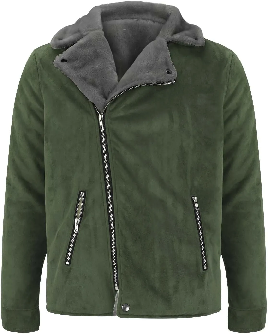 Mens Faux Suede Leather Jackets Spread Collar Motorcycle Sherpa Bomber Jackets Notch Lapel Biker Motorcycle Zip Up Coats