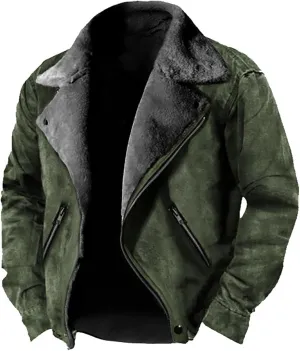 Mens Faux Suede Leather Jackets Spread Collar Motorcycle Sherpa Bomber Jackets Notch Lapel Biker Motorcycle Zip Up Coats