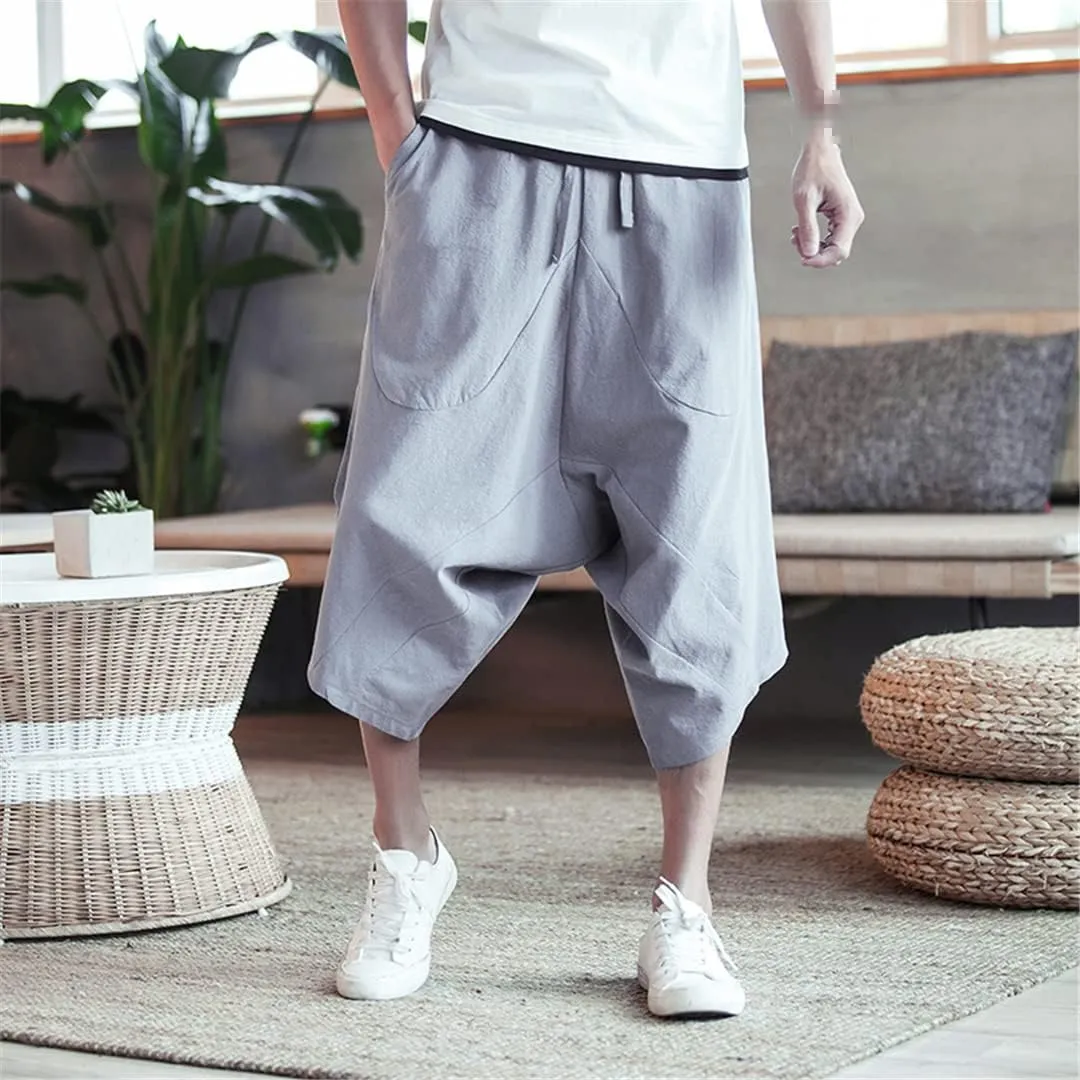 Men's Harajuku Harem Pants Summer Cotton Linen Joggers Pants Vintage Korean Style Sweatpants