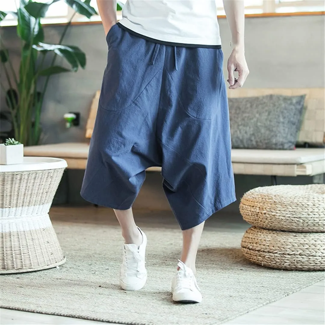 Men's Harajuku Harem Pants Summer Cotton Linen Joggers Pants Vintage Korean Style Sweatpants