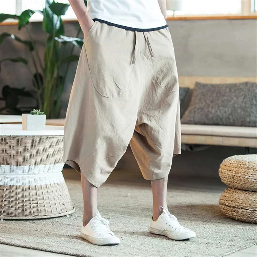 Men's Harajuku Harem Pants Summer Cotton Linen Joggers Pants Vintage Korean Style Sweatpants