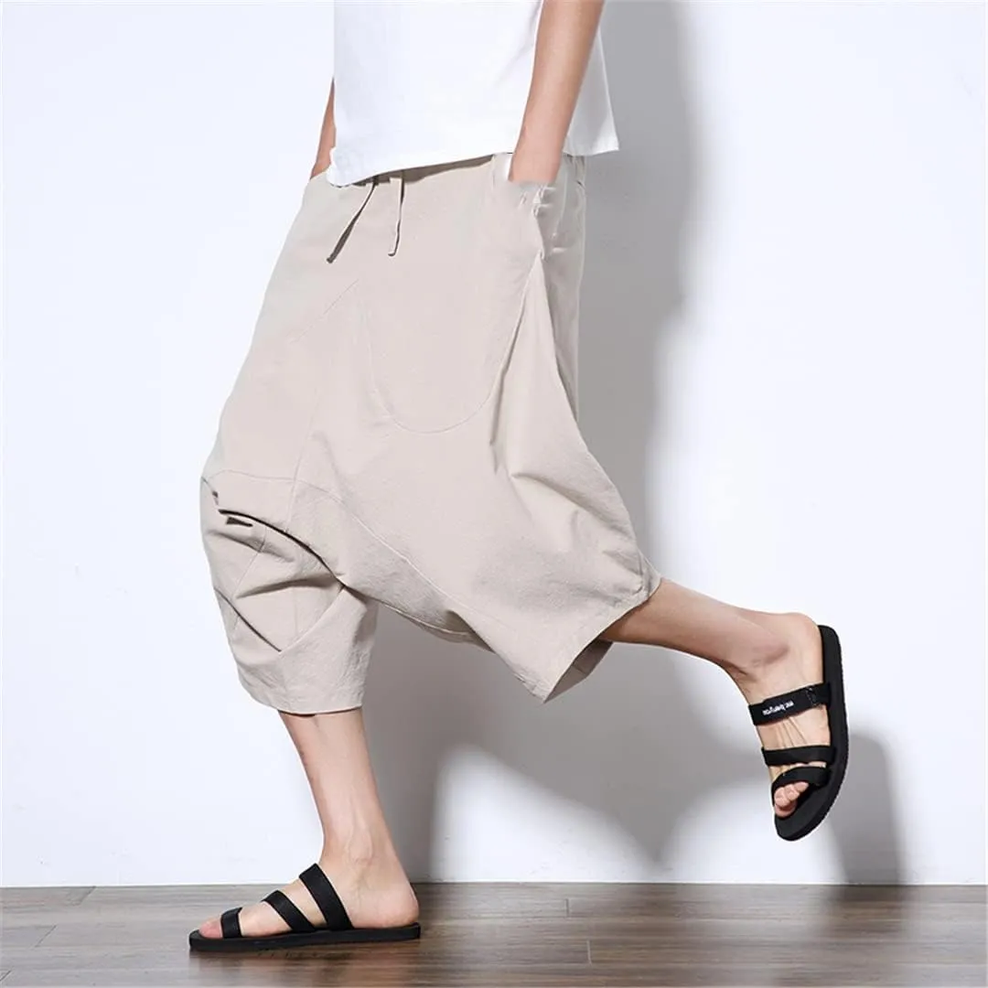 Men's Harajuku Harem Pants Summer Cotton Linen Joggers Pants Vintage Korean Style Sweatpants