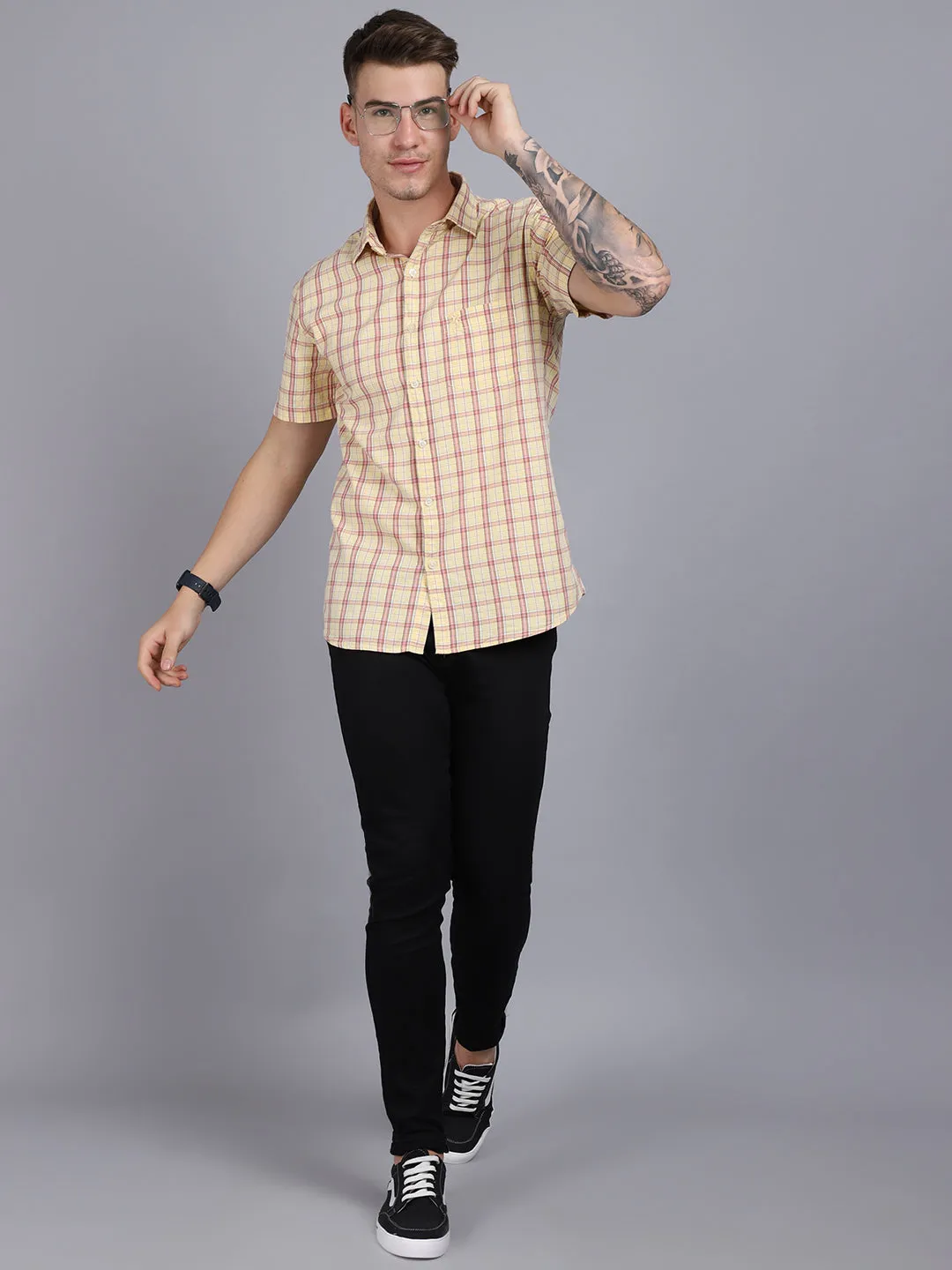 Men's Lemon Yellow Casual Medium Checks Half Sleeve Shirt