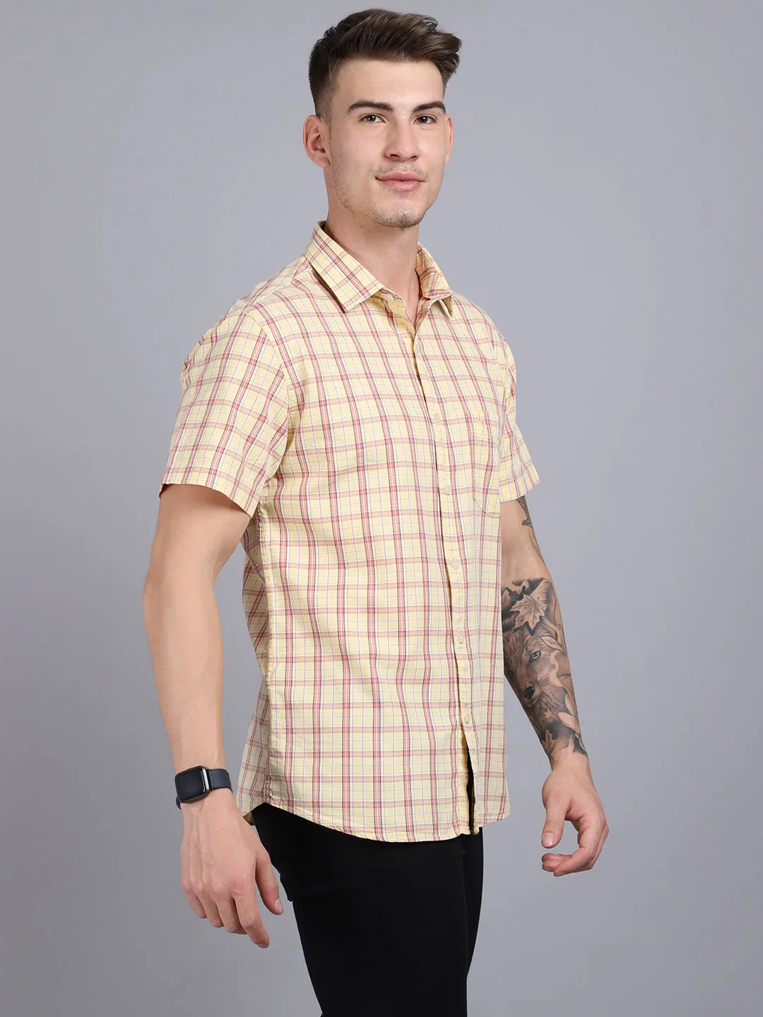 Men's Lemon Yellow Casual Medium Checks Half Sleeve Shirt