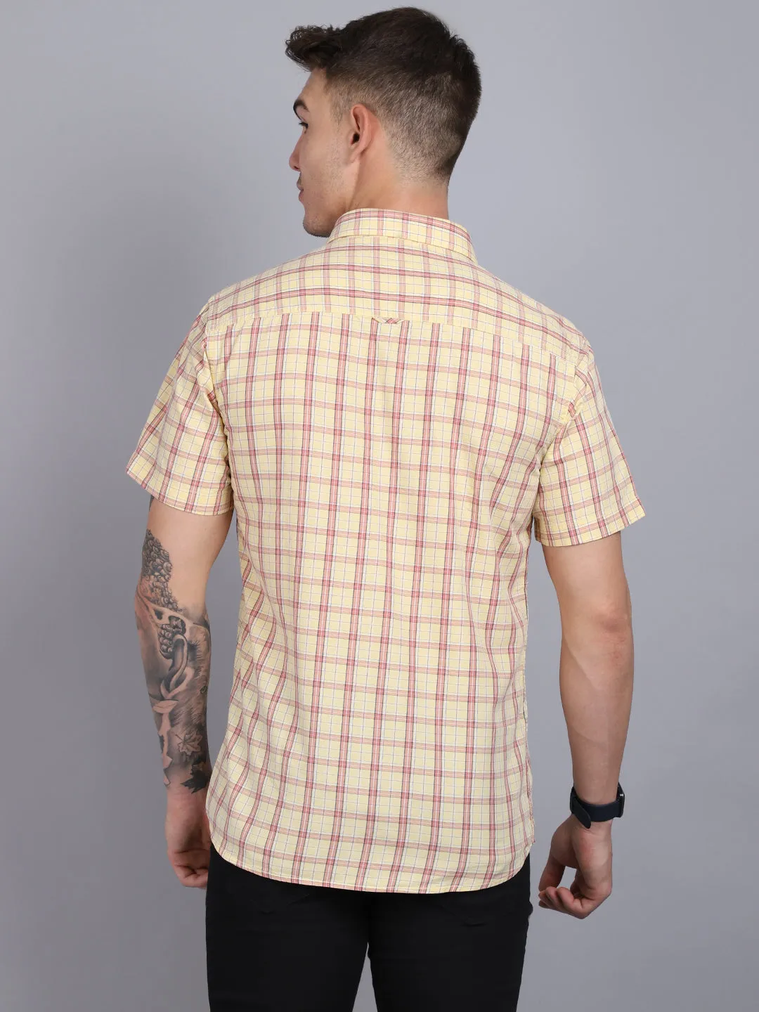 Men's Lemon Yellow Casual Medium Checks Half Sleeve Shirt