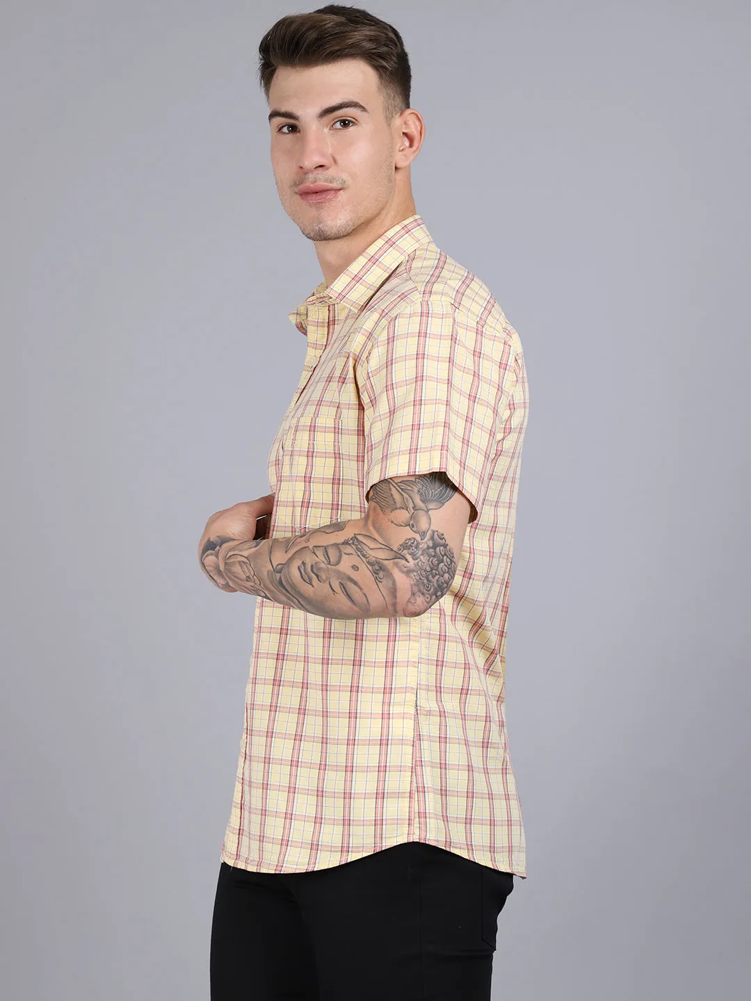 Men's Lemon Yellow Casual Medium Checks Half Sleeve Shirt