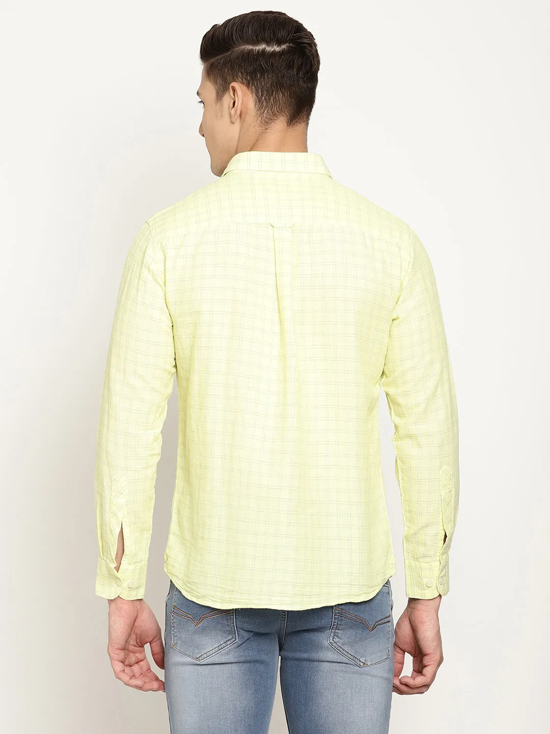 Men's Lemon Yellow Casual Small Checks Full Sleeve Shirt