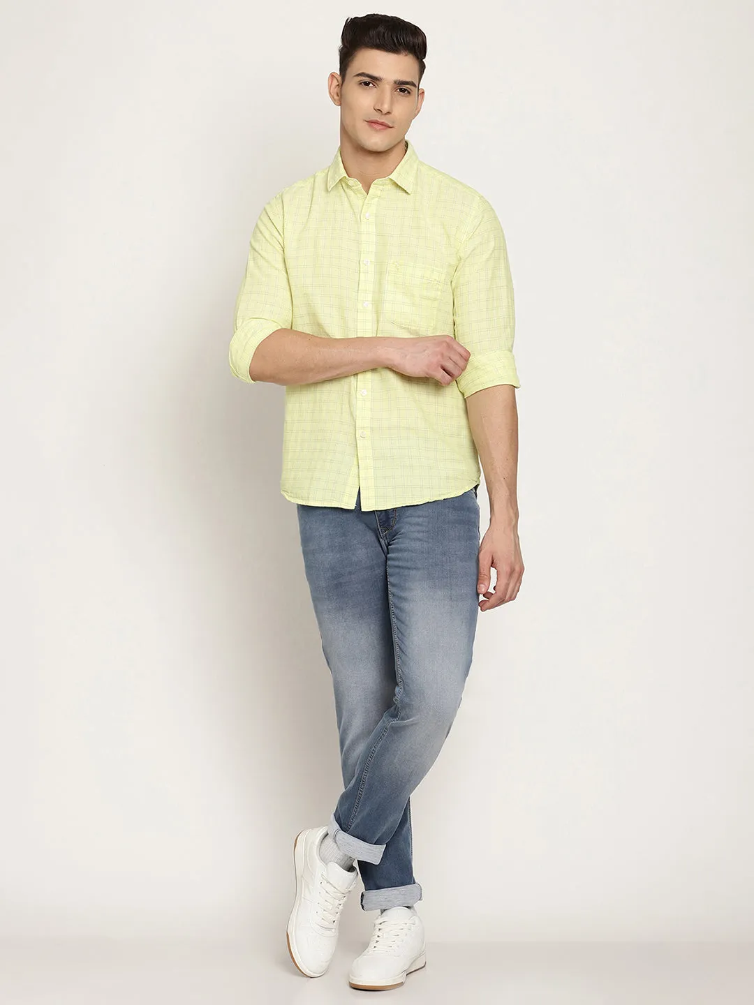 Men's Lemon Yellow Casual Small Checks Full Sleeve Shirt