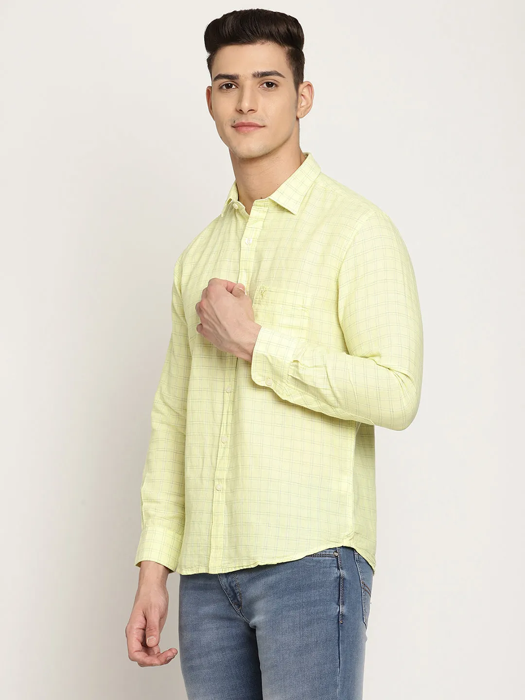 Men's Lemon Yellow Casual Small Checks Full Sleeve Shirt