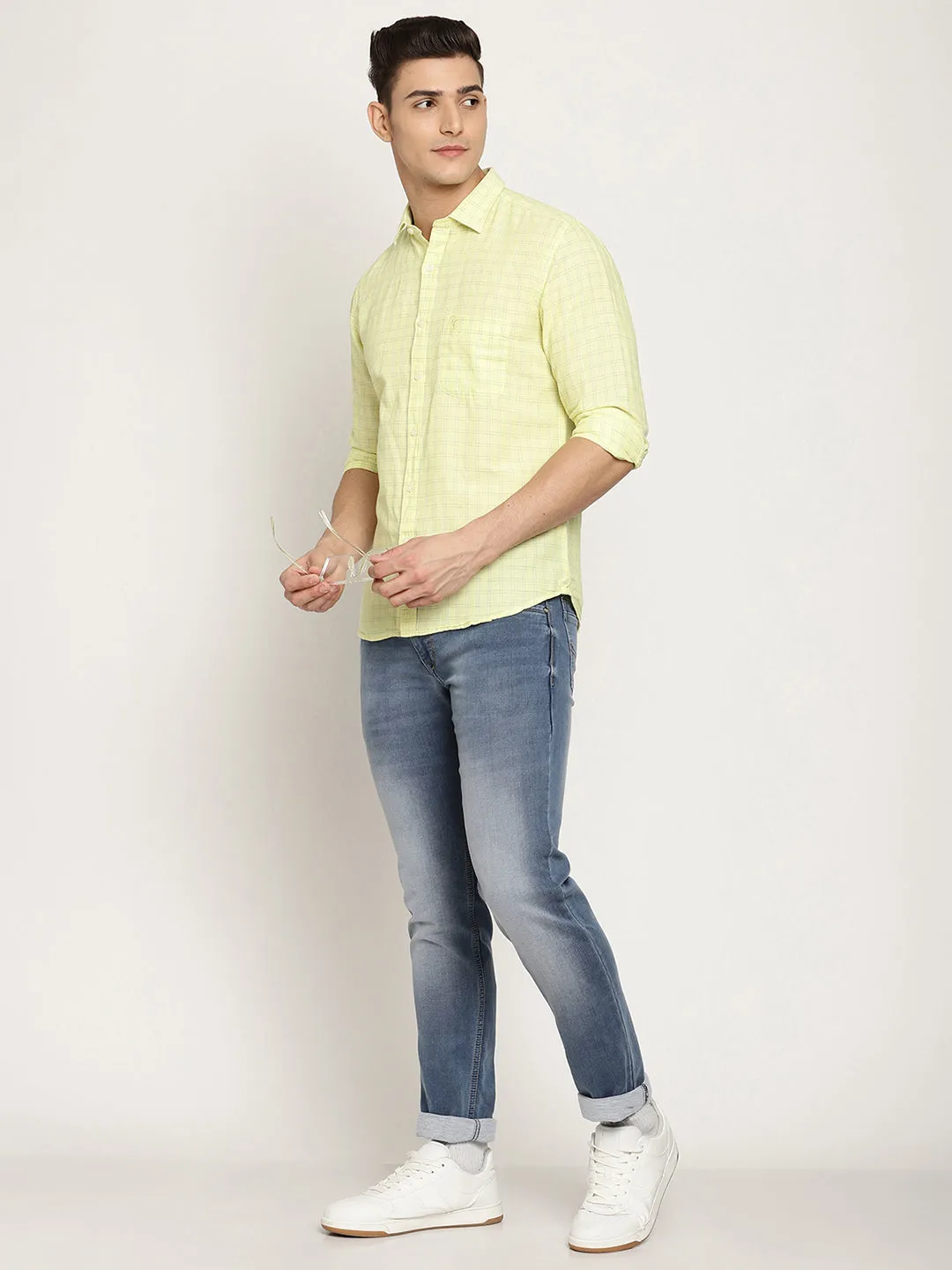 Men's Lemon Yellow Casual Small Checks Full Sleeve Shirt