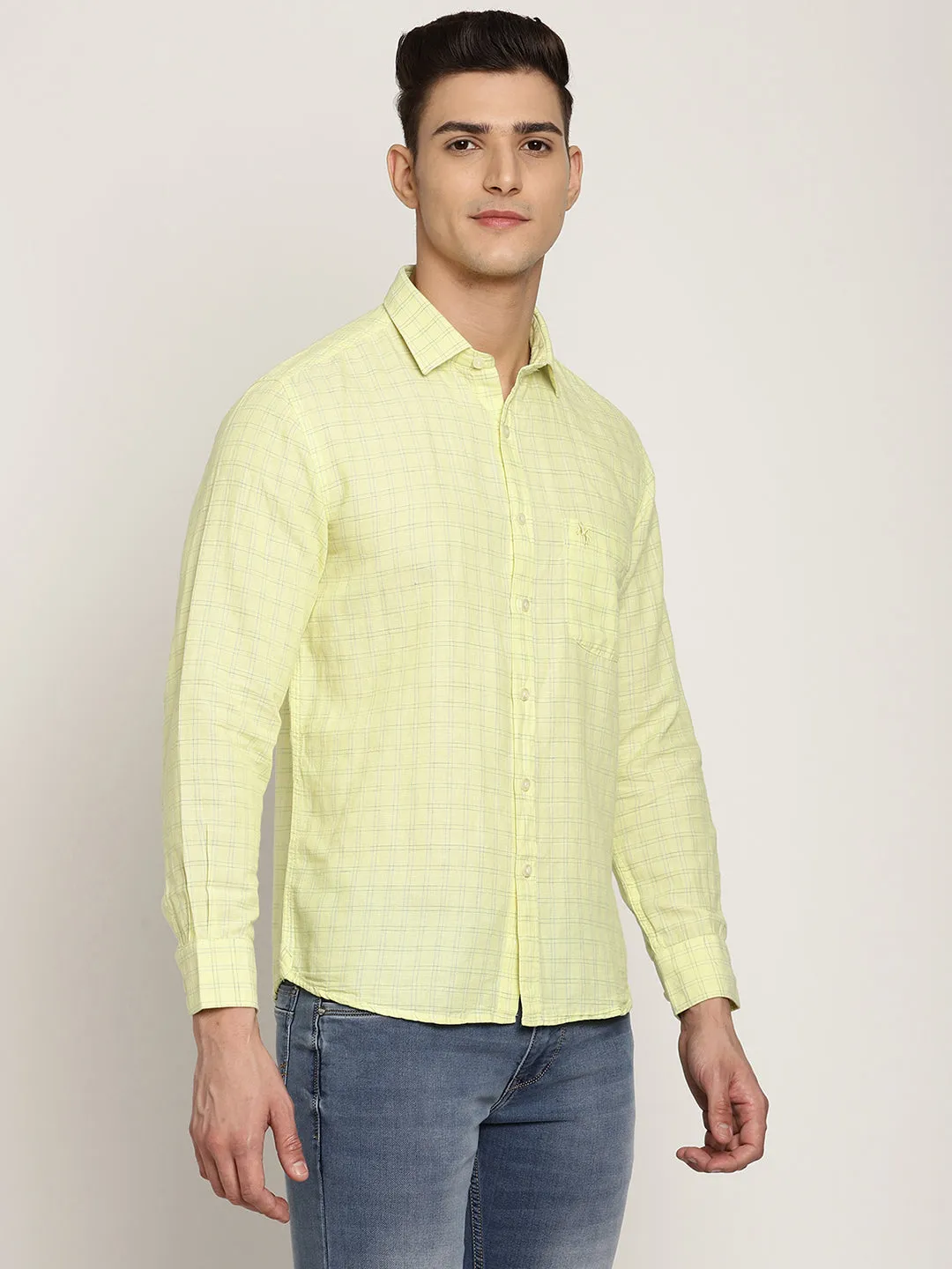 Men's Lemon Yellow Casual Small Checks Full Sleeve Shirt