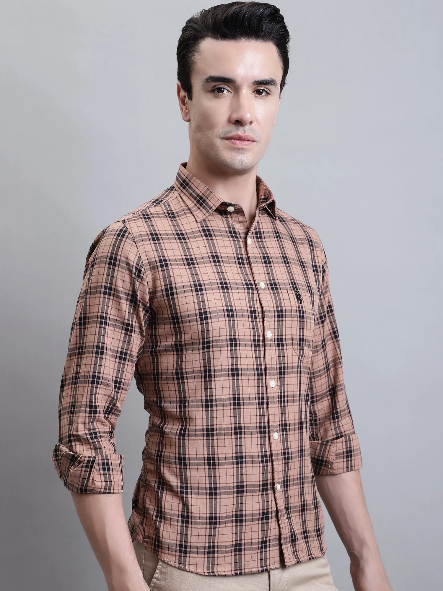 Men's Light Brown Casual Medium Checks Full Sleeve Shirt
