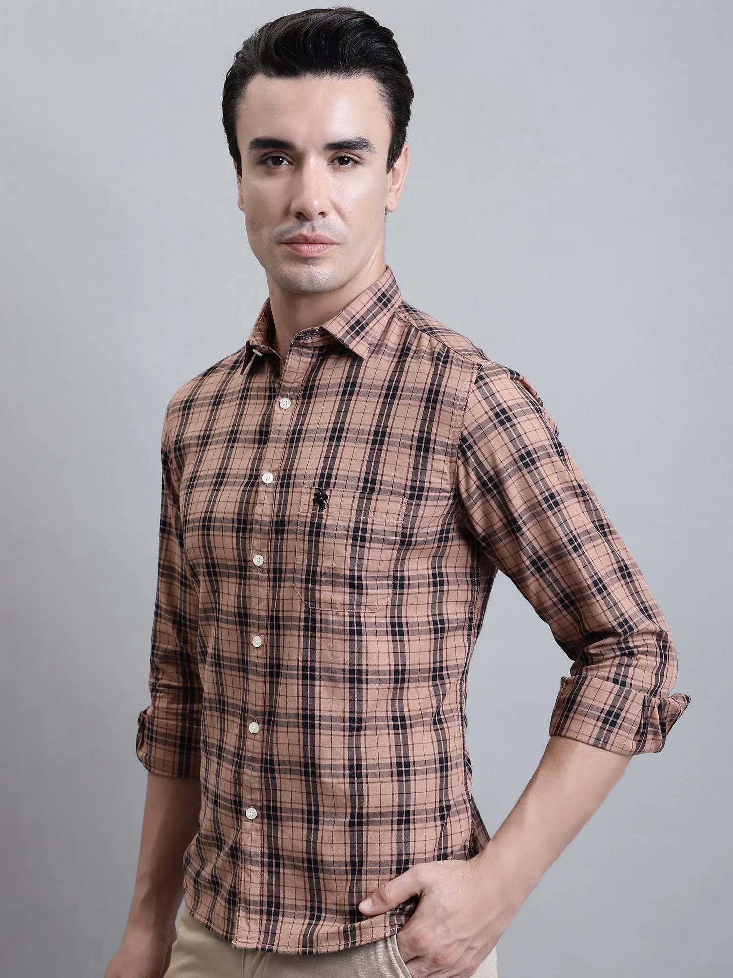 Men's Light Brown Casual Medium Checks Full Sleeve Shirt