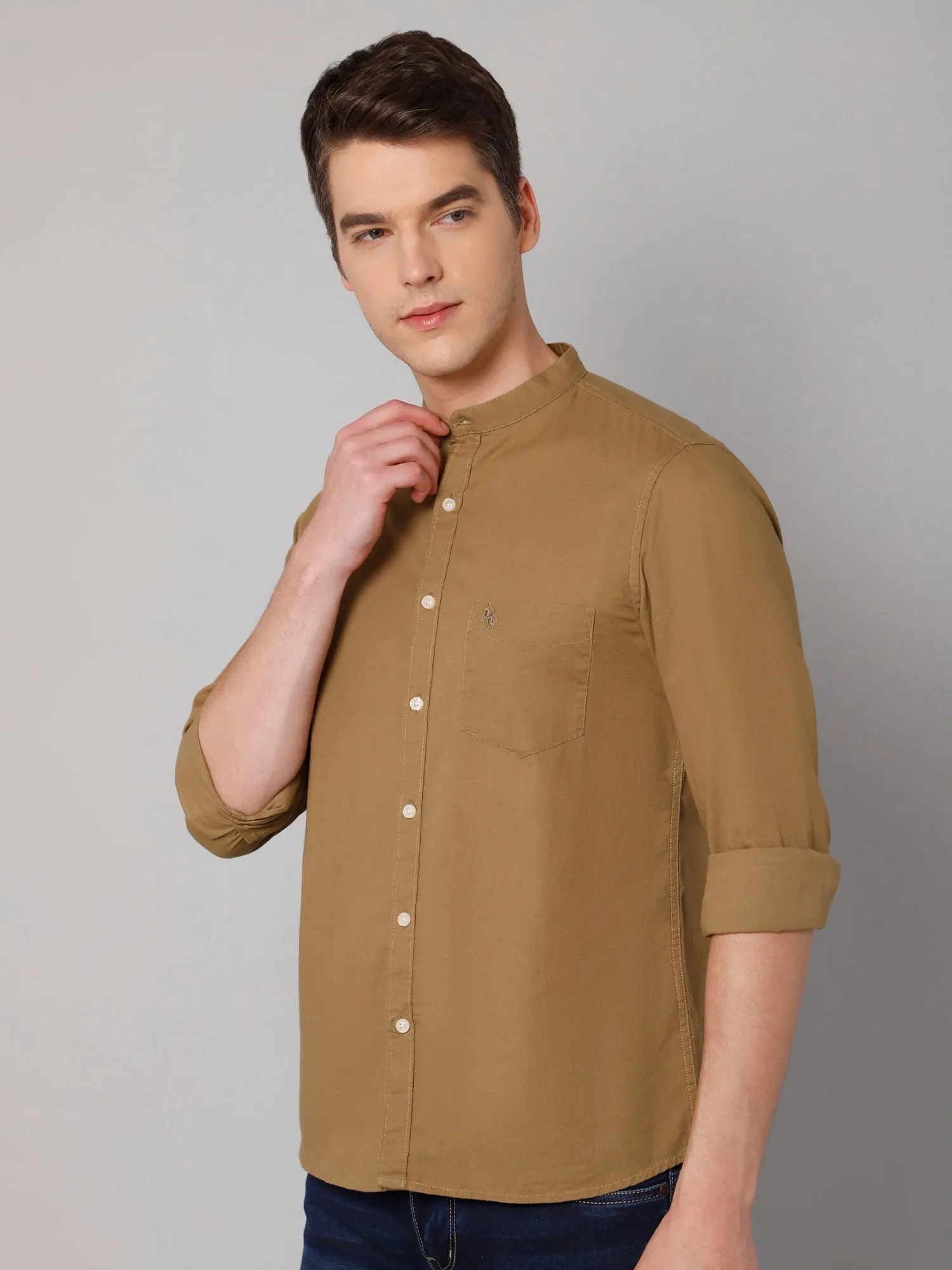 Men's Light Brown Casual Plain Full Sleeve Shirt