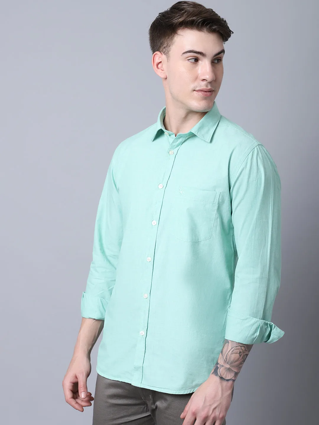 Men's Light Green Casual Fil a Fil Plain Full Sleeve Shirt