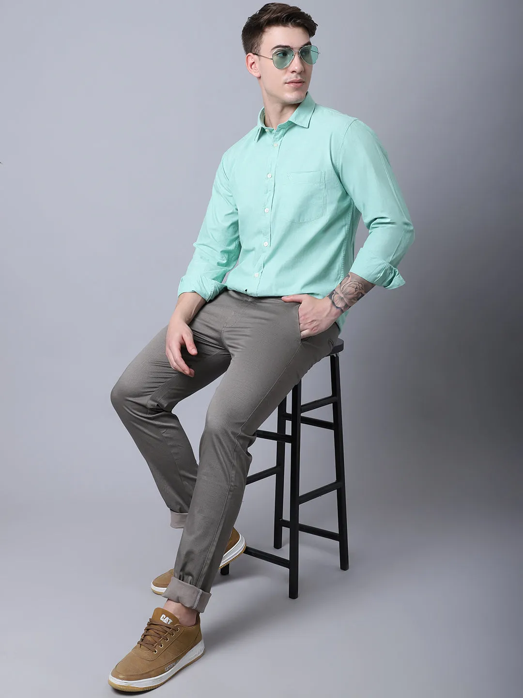 Men's Light Green Casual Fil a Fil Plain Full Sleeve Shirt