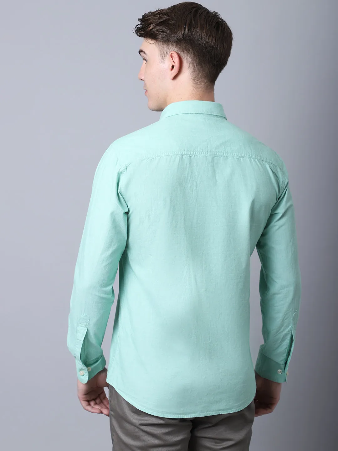 Men's Light Green Casual Fil a Fil Plain Full Sleeve Shirt