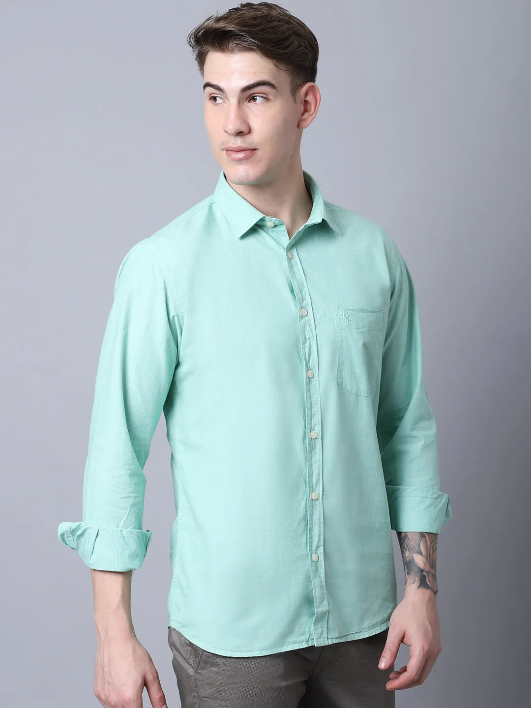 Men's Light Green Casual Fil a Fil Plain Full Sleeve Shirt