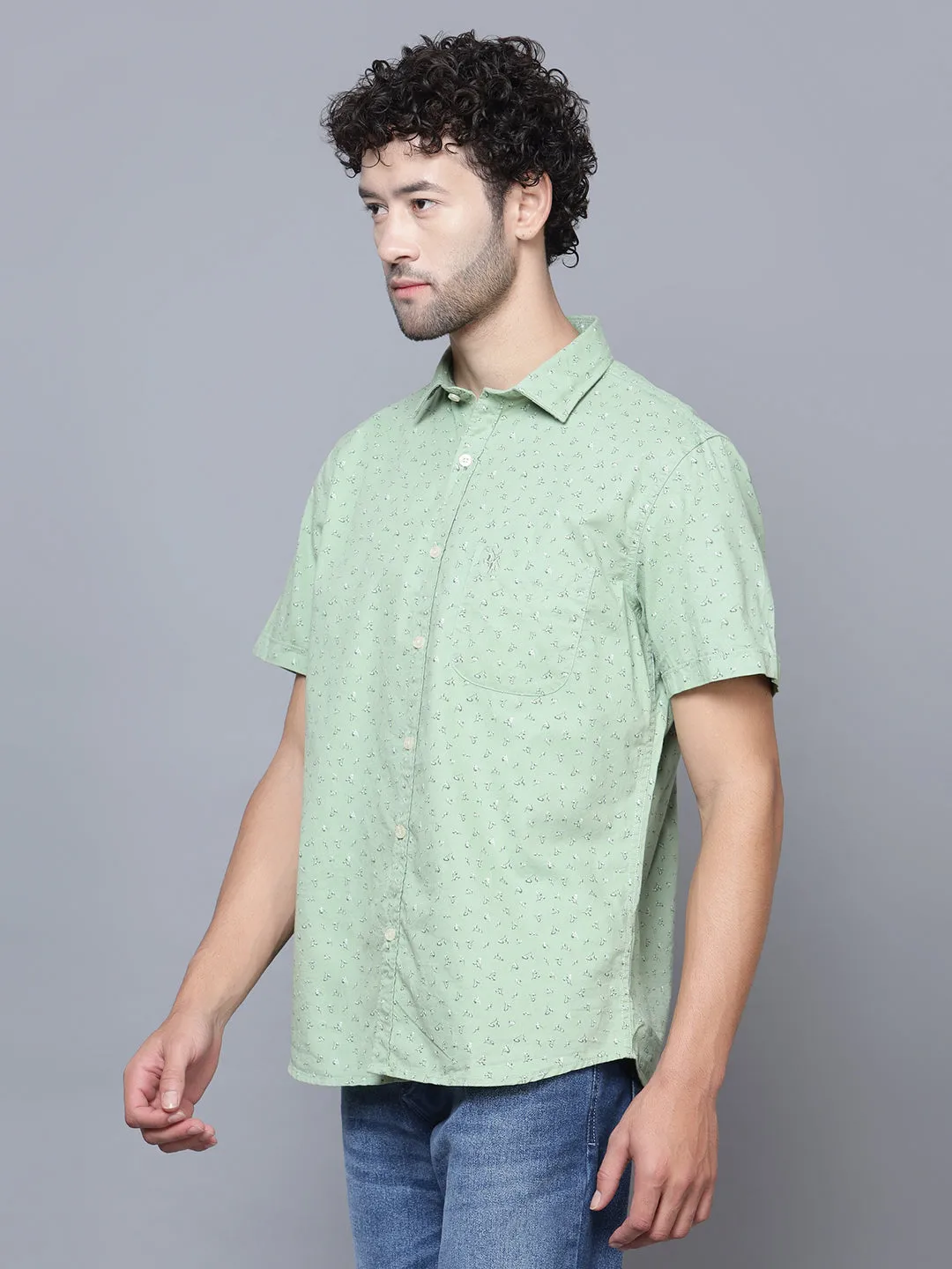 Men's Light Green Casual Floral Ditsy Print Half Sleeve Shirt