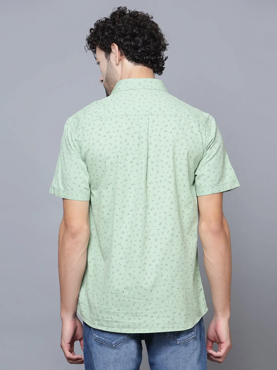 Men's Light Green Casual Floral Ditsy Print Half Sleeve Shirt