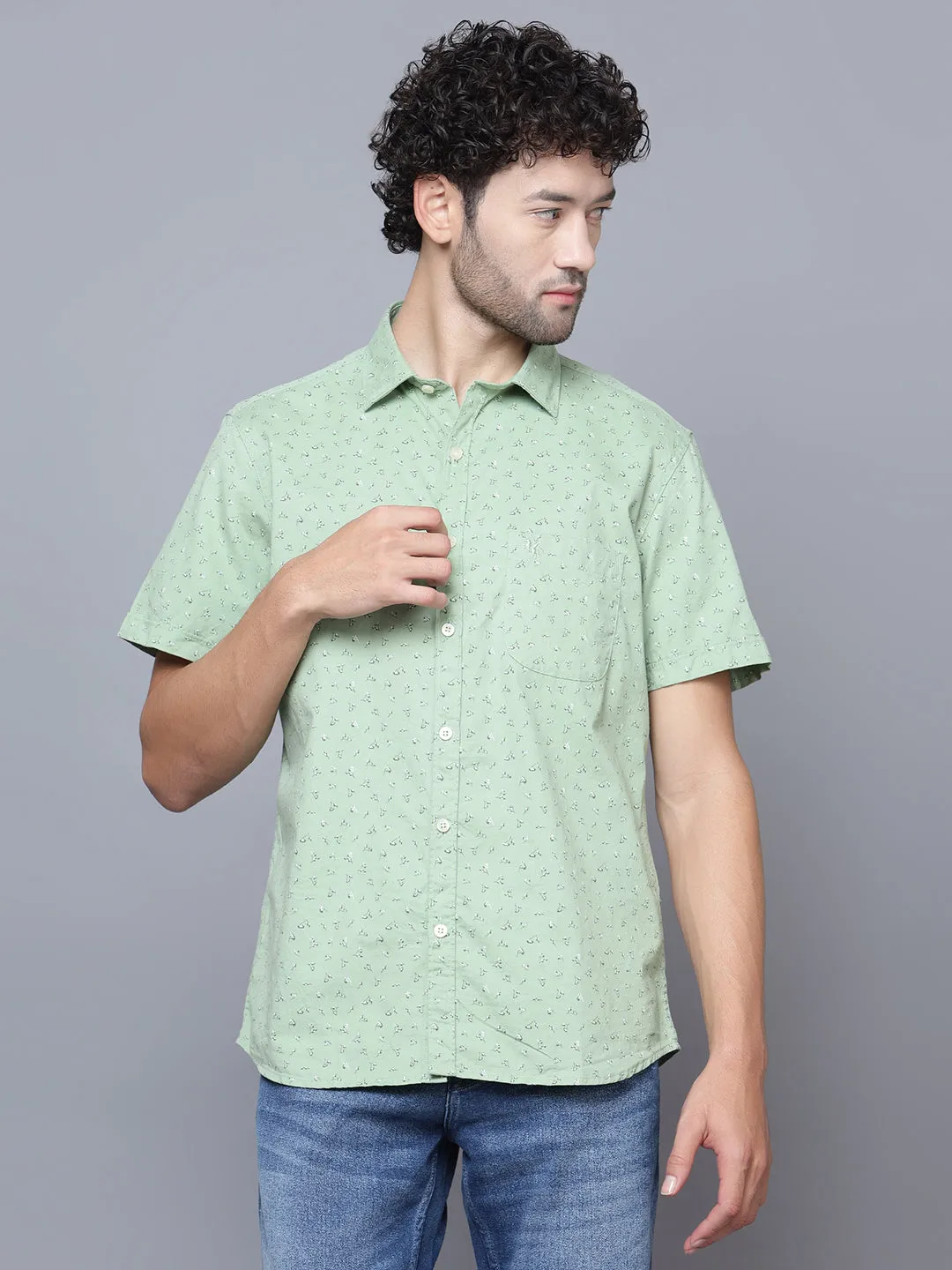 Men's Light Green Casual Floral Ditsy Print Half Sleeve Shirt