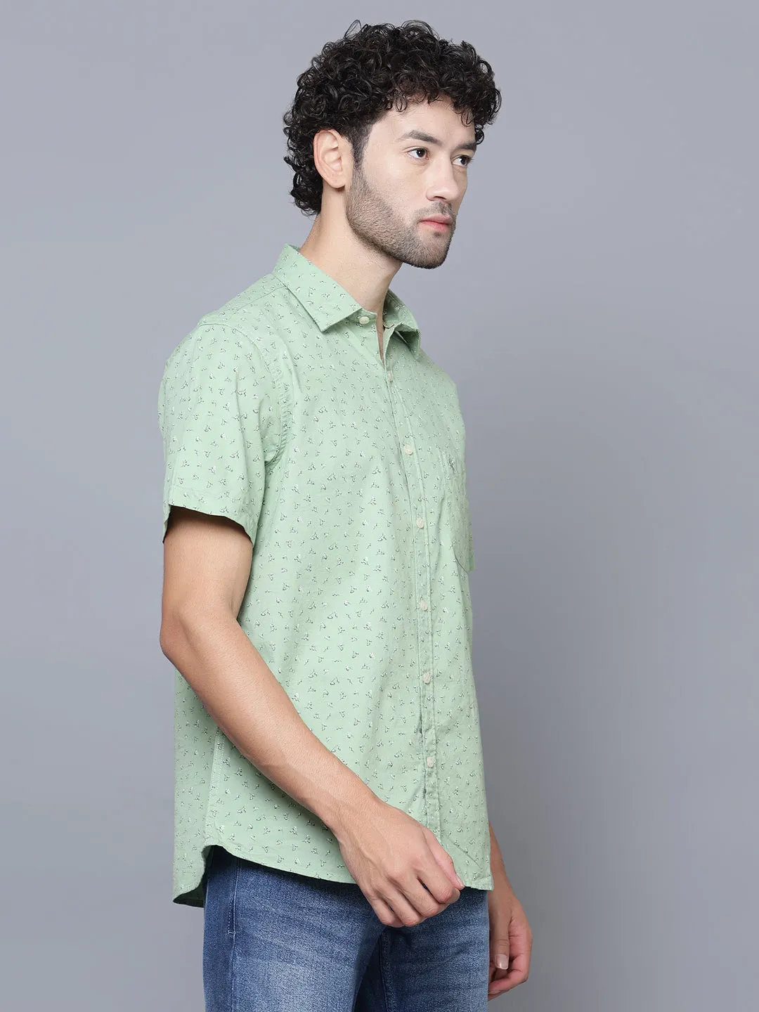Men's Light Green Casual Floral Ditsy Print Half Sleeve Shirt