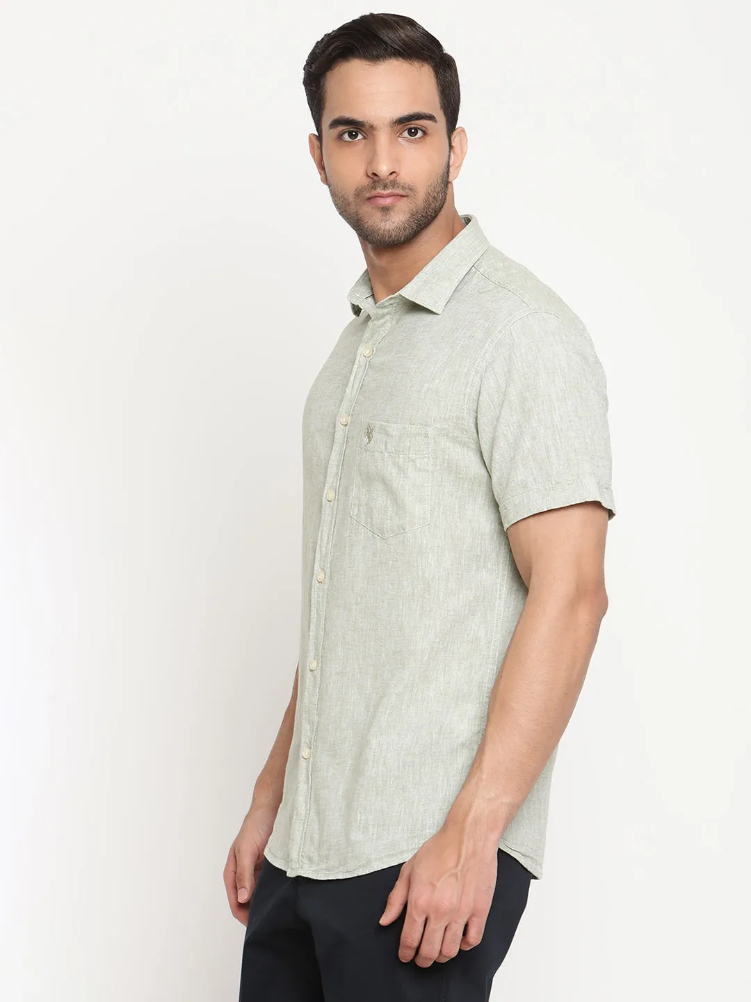 Men's Light Green Casual Plain Half Sleeve Shirt