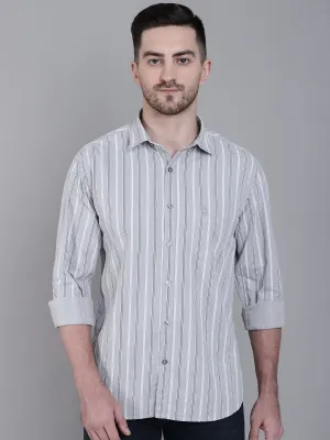 Men's Light Grey Casual Narrow Stripe Full Sleeve Shirt