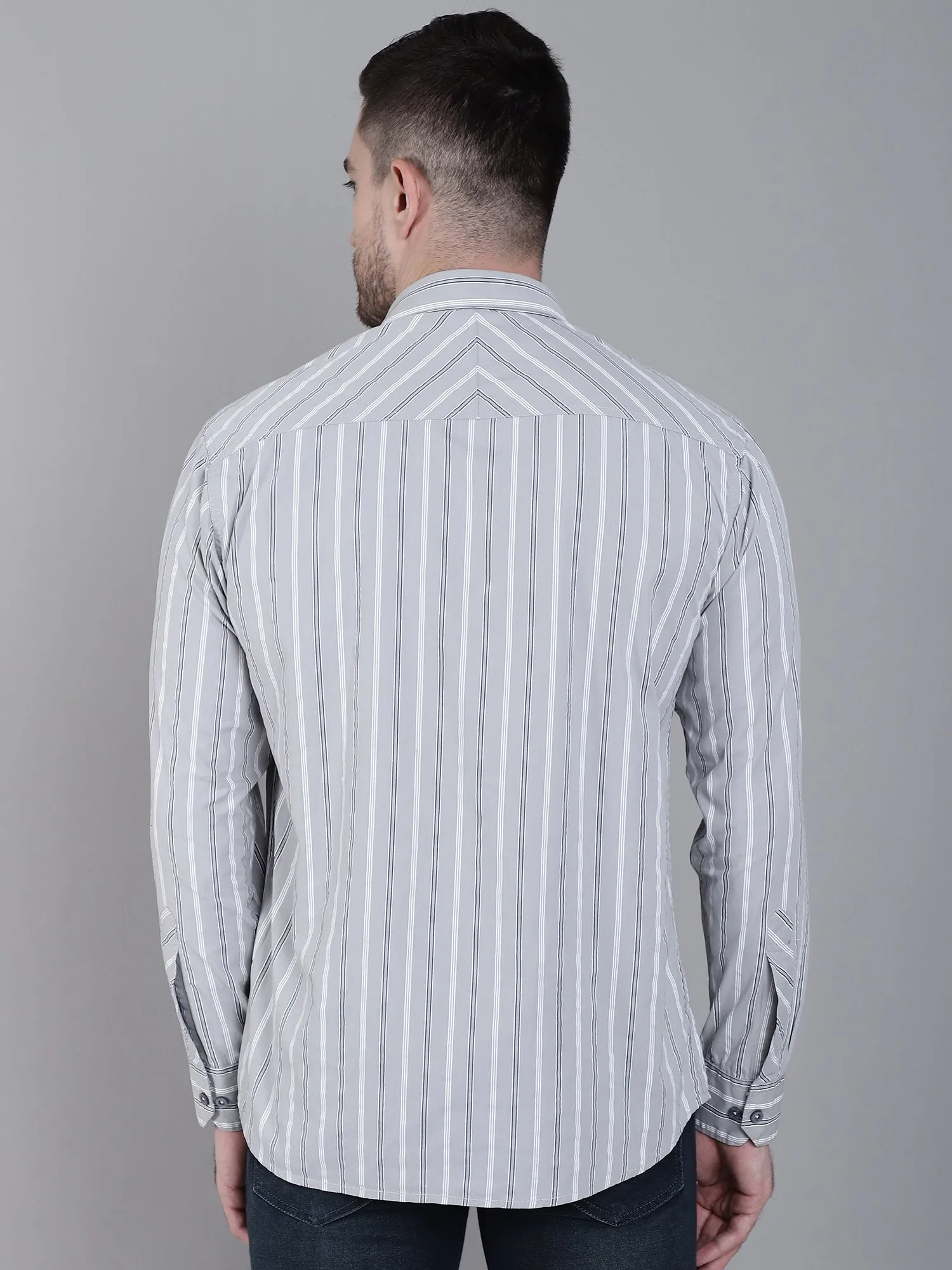 Men's Light Grey Casual Narrow Stripe Full Sleeve Shirt