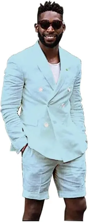 Mens Linen Cotton Shorts Suit Casual Grooms Beach Wedding Slim Fit Tuxedo Suit Blazer & Shorts Set
