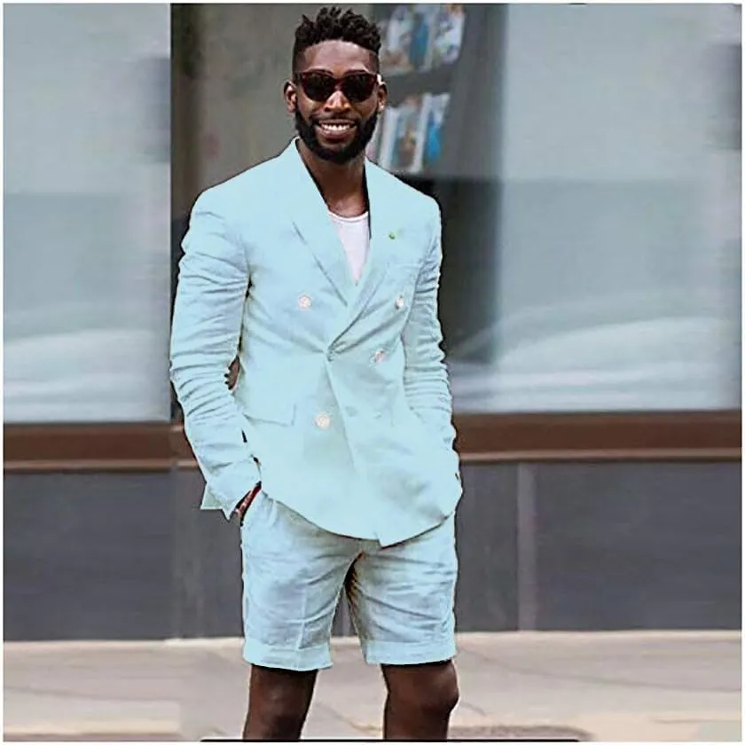 Mens Linen Cotton Shorts Suit Casual Grooms Beach Wedding Slim Fit Tuxedo Suit Blazer & Shorts Set