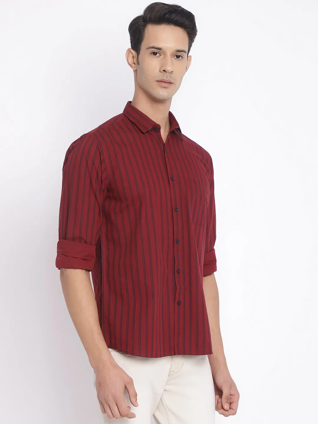 Men's Maroon Casual Narrow Stripe Full Sleeve Shirt