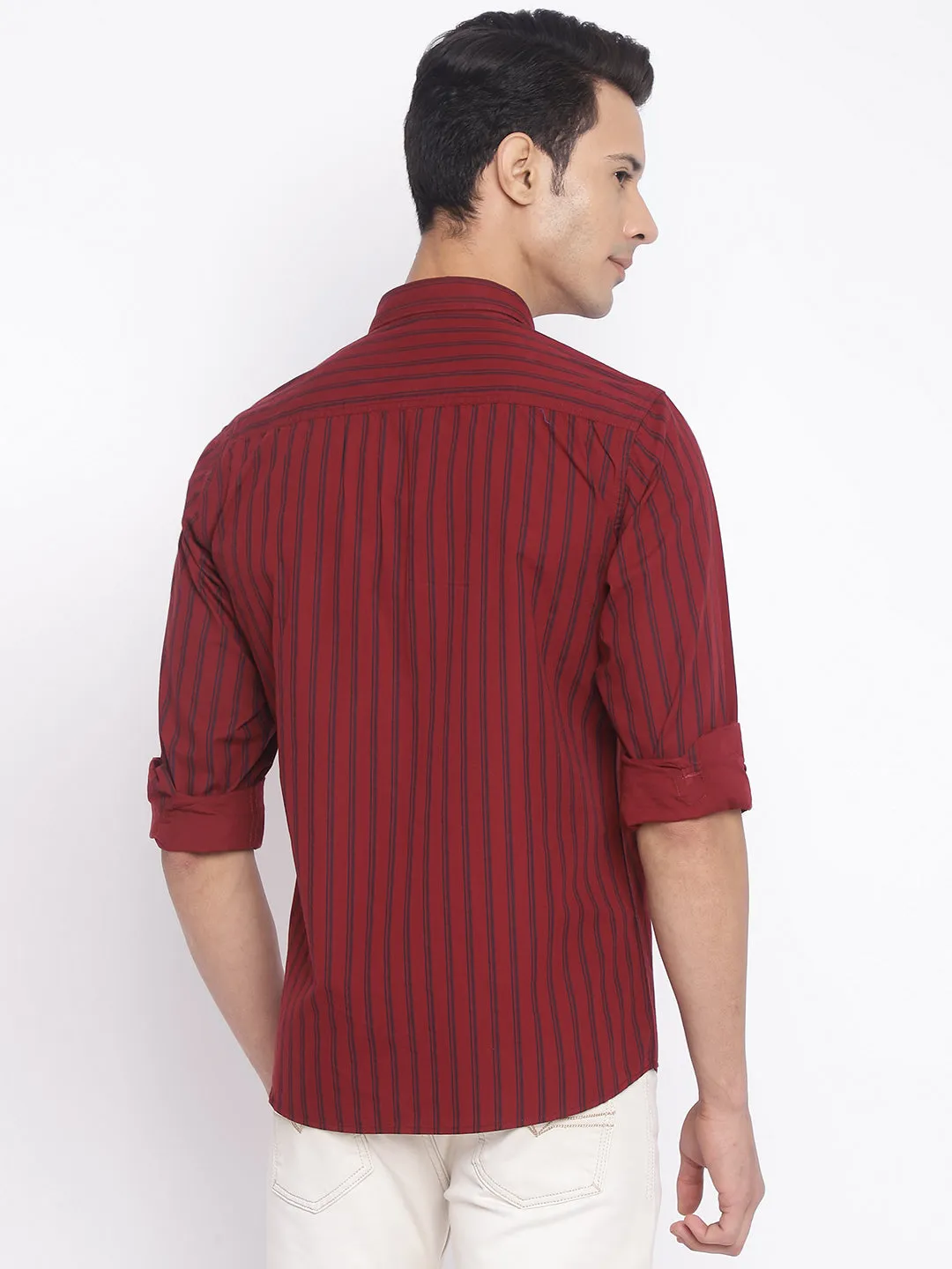 Men's Maroon Casual Narrow Stripe Full Sleeve Shirt