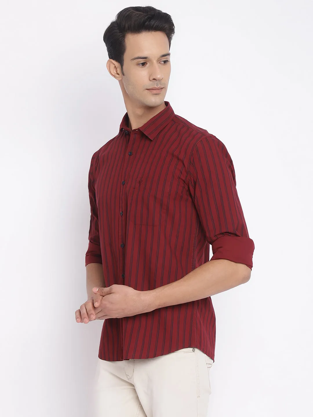 Men's Maroon Casual Narrow Stripe Full Sleeve Shirt