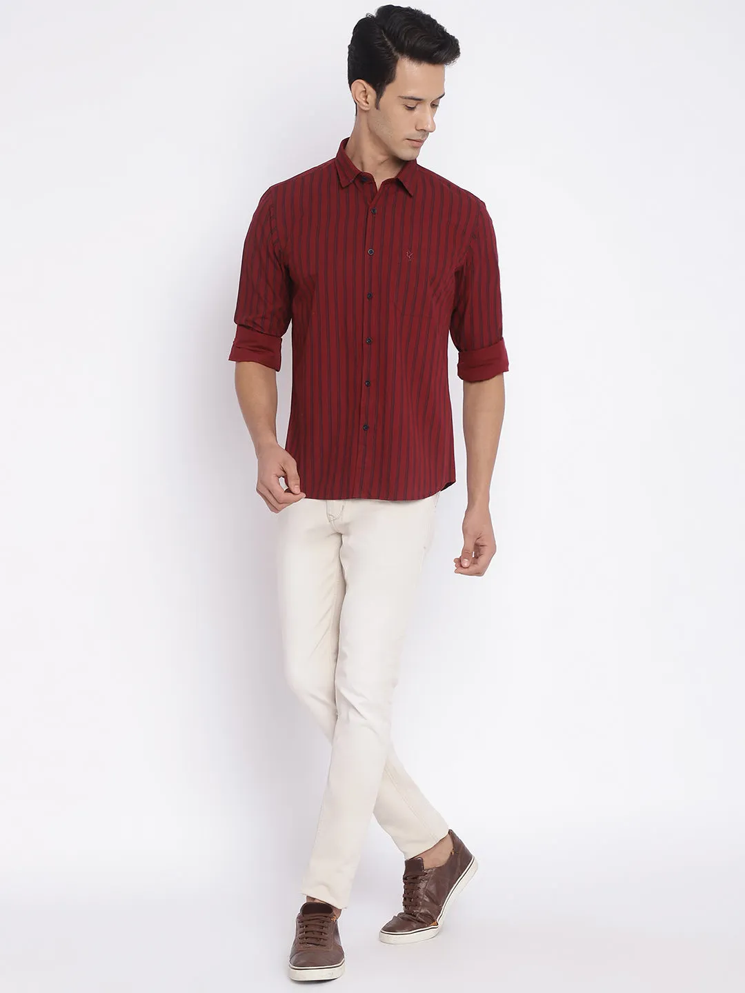Men's Maroon Casual Narrow Stripe Full Sleeve Shirt