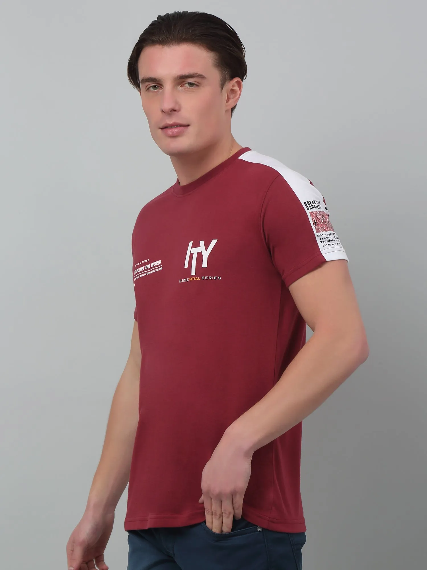 Men's Maroon  Round neck Half Sleeve T-Shirt with contrast shoulder insert