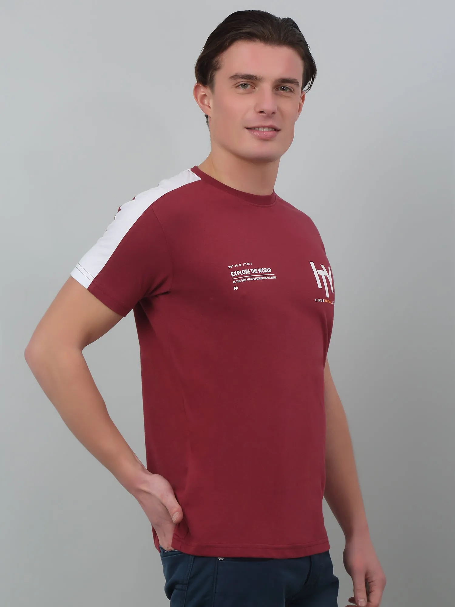 Men's Maroon  Round neck Half Sleeve T-Shirt with contrast shoulder insert