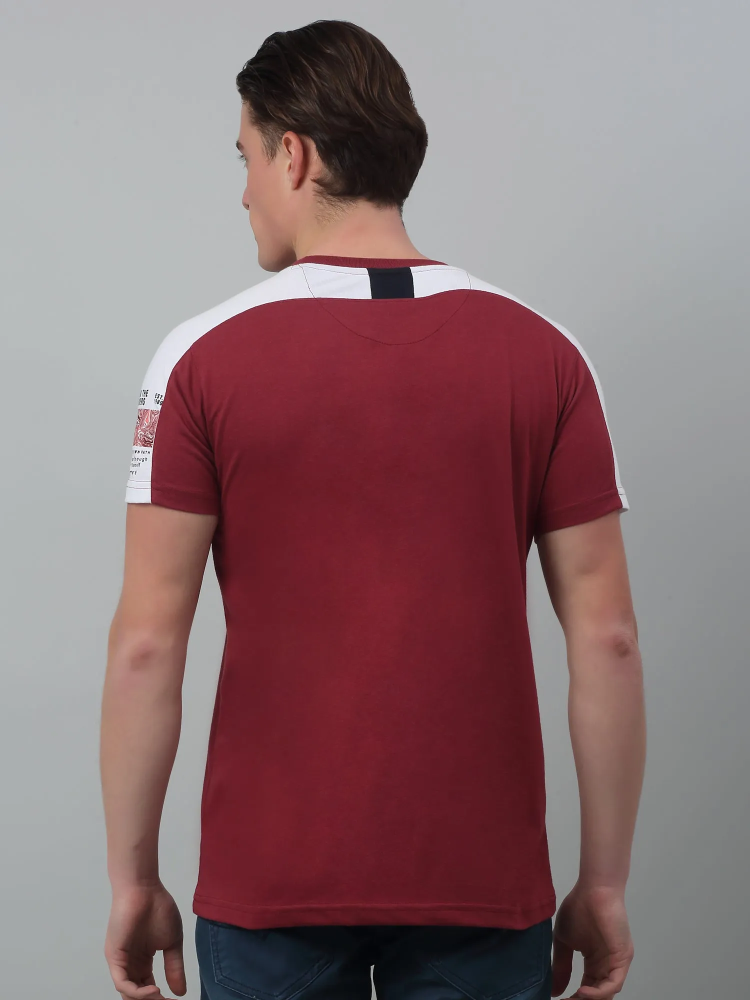 Men's Maroon  Round neck Half Sleeve T-Shirt with contrast shoulder insert
