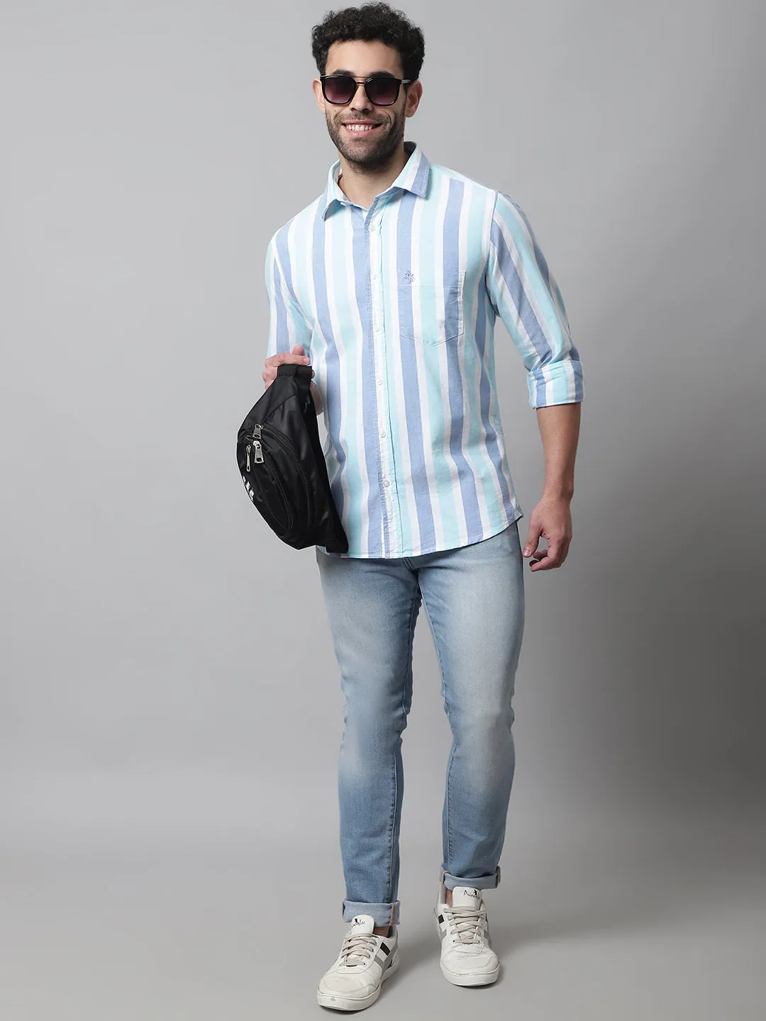 Men's Mint Blue Casual Broad Stripe Full Sleeve Shirt