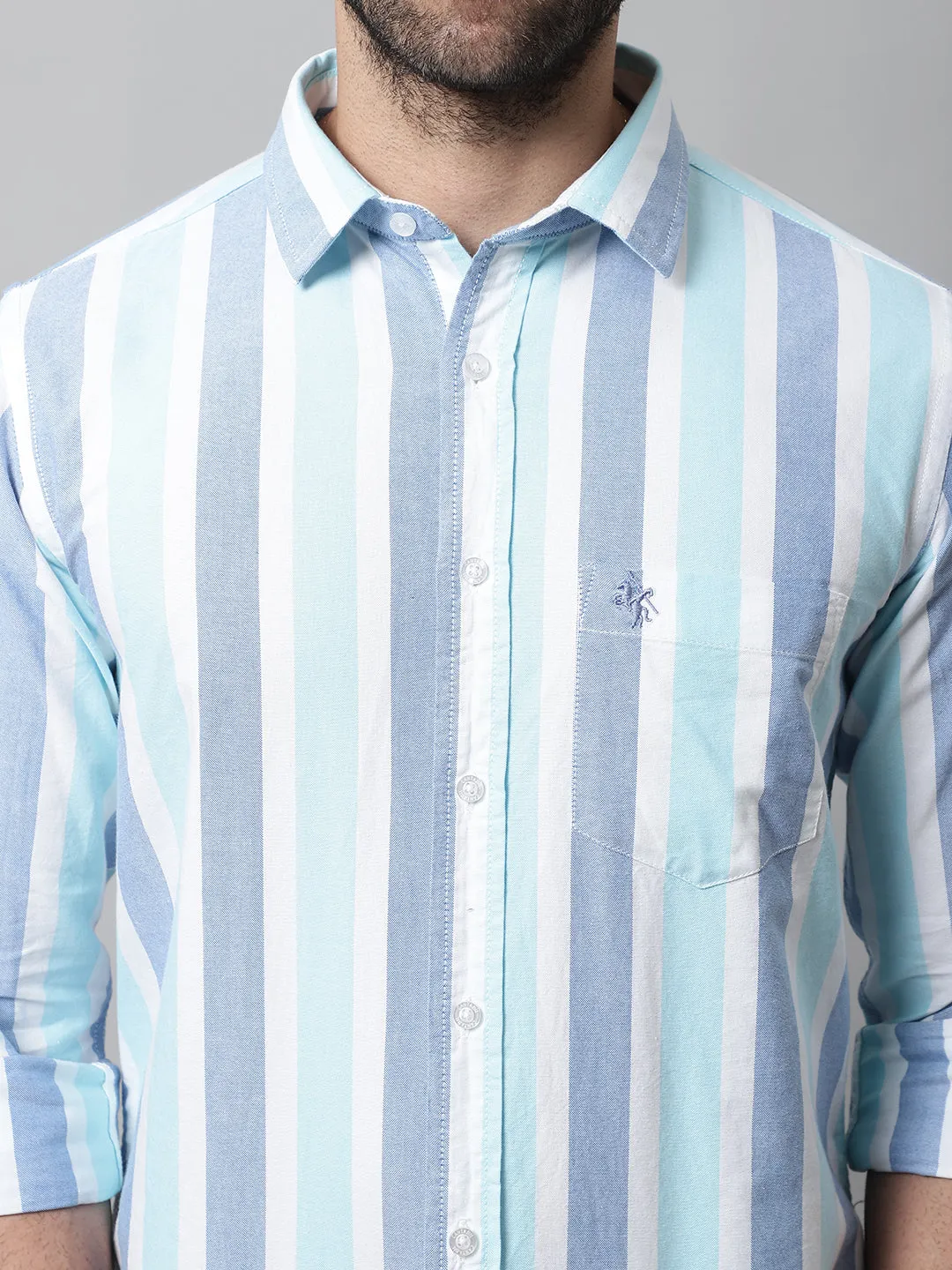 Men's Mint Blue Casual Broad Stripe Full Sleeve Shirt