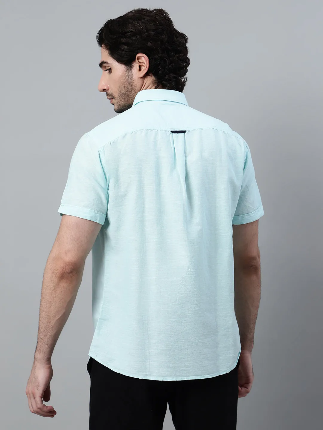 Men's Mint Blue Casual Plain Half Sleeve Shirt