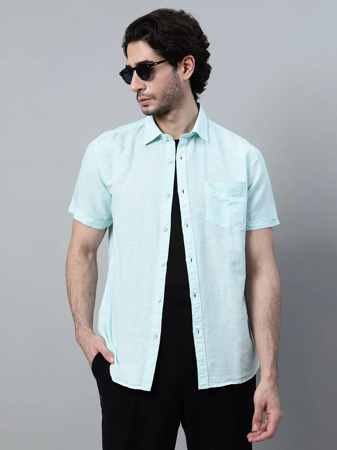 Men's Mint Blue Casual Plain Half Sleeve Shirt