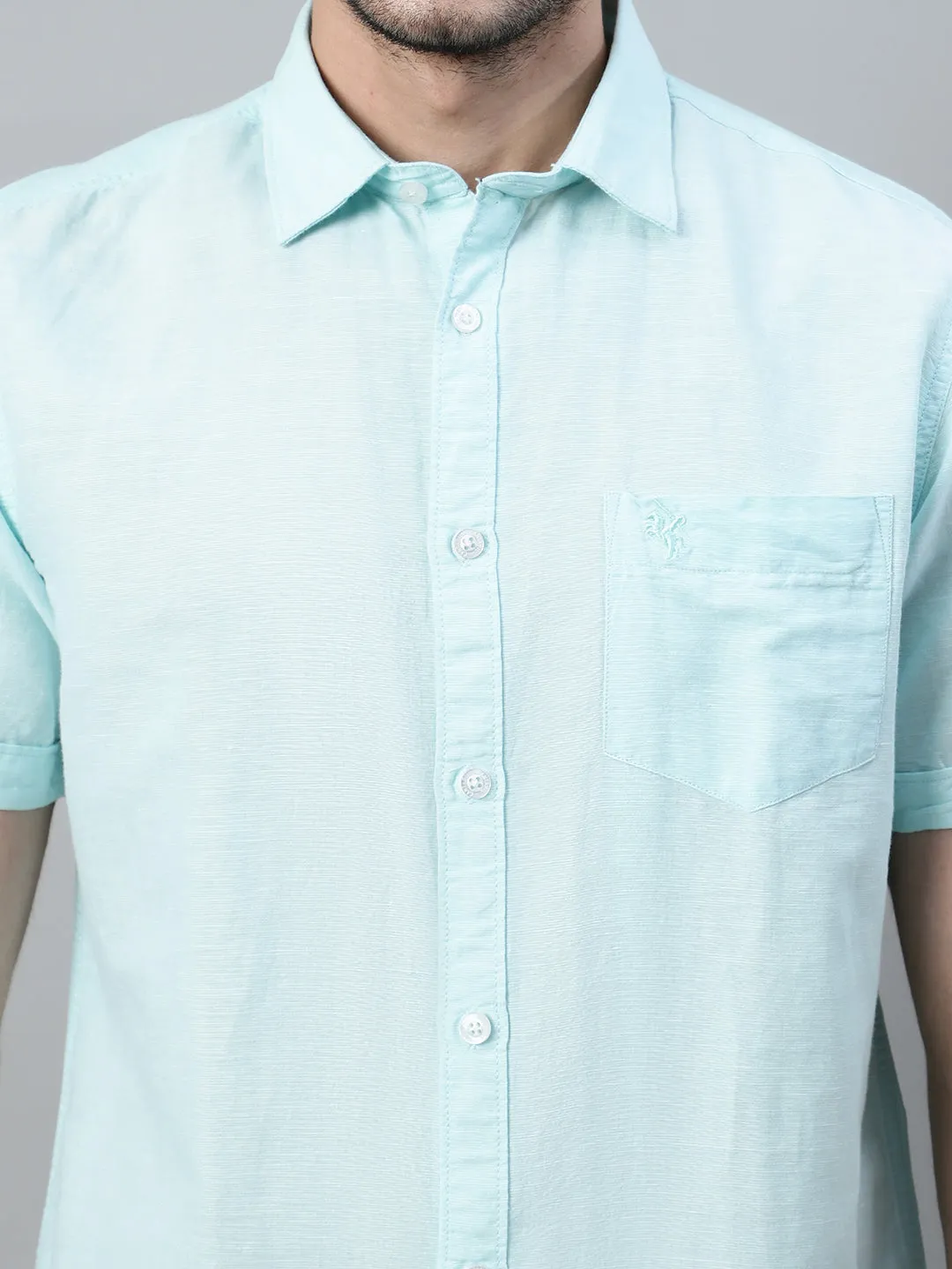 Men's Mint Blue Casual Plain Half Sleeve Shirt
