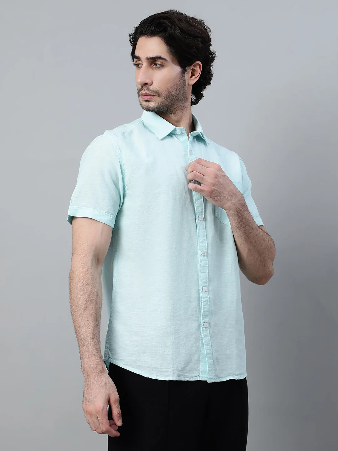 Men's Mint Blue Casual Plain Half Sleeve Shirt
