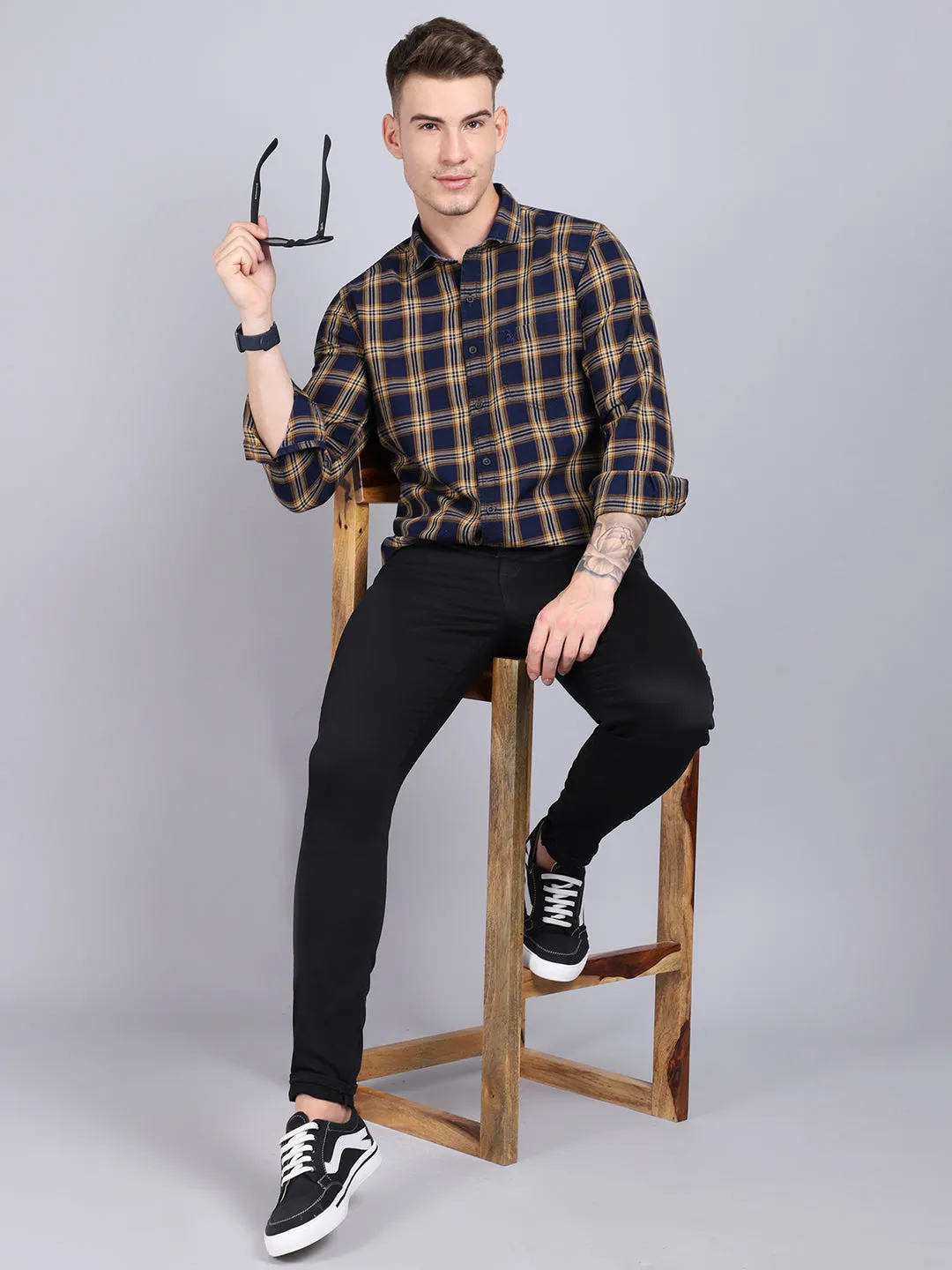 Men's Mustard Casual Big Checks Full Sleeve Shirt
