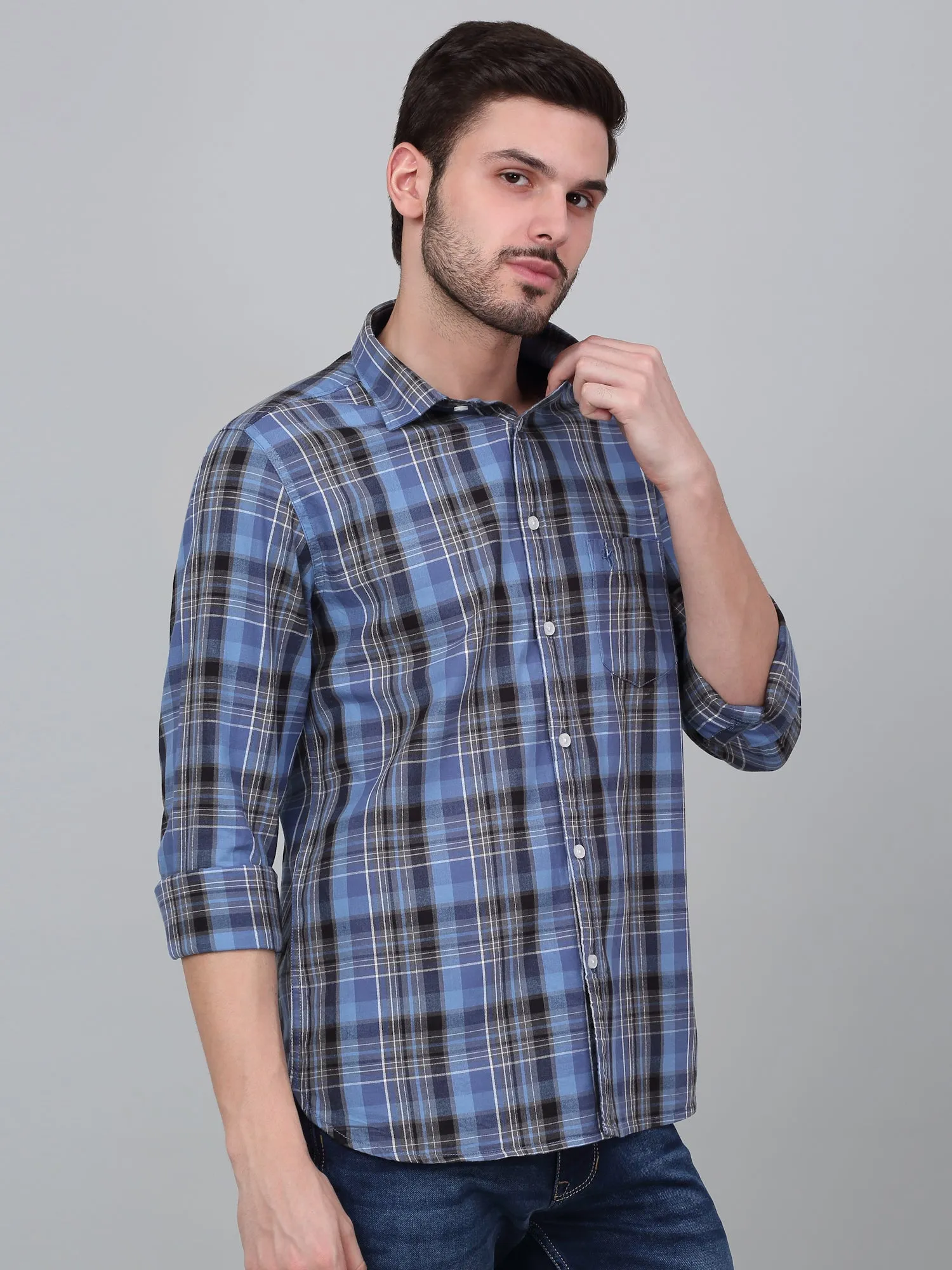 Men's Navy Blue Checkered Full Sleeve Casual Shirt