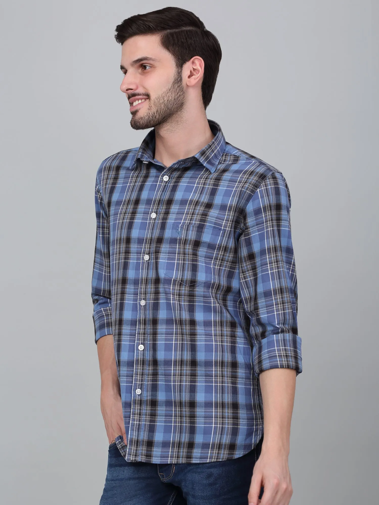 Men's Navy Blue Checkered Full Sleeve Casual Shirt