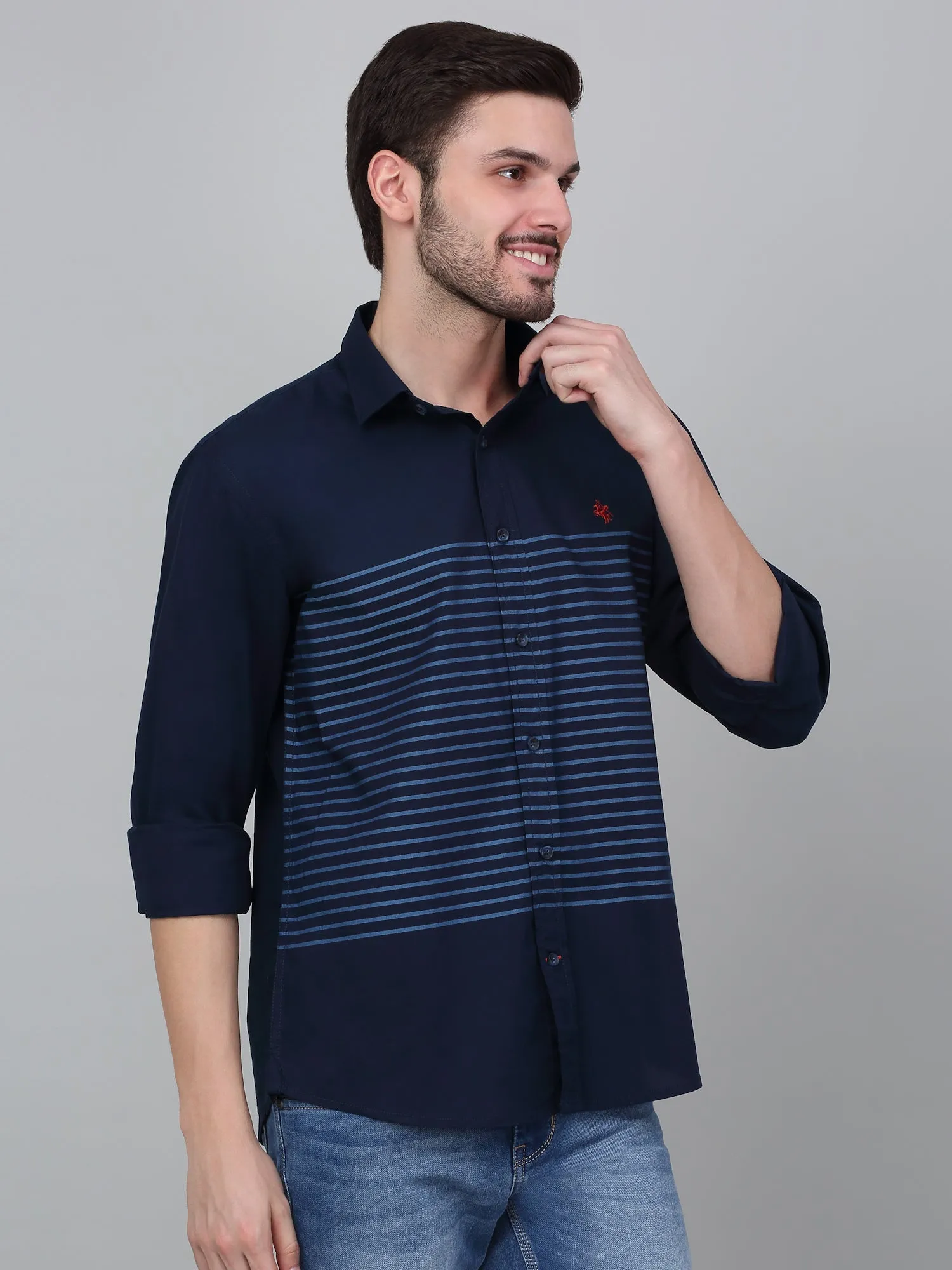 Men's Navy Blue Striped Full Sleeve Casual Shirt