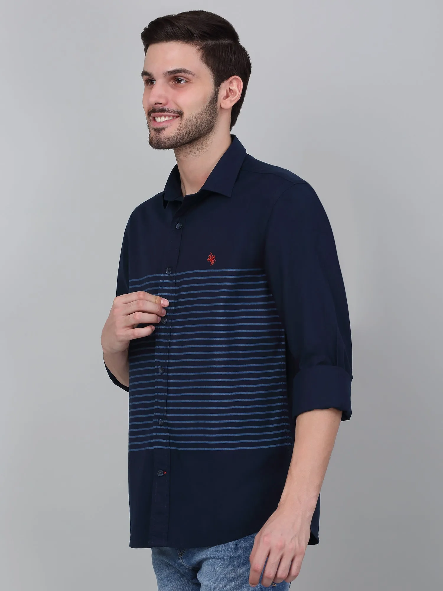 Men's Navy Blue Striped Full Sleeve Casual Shirt