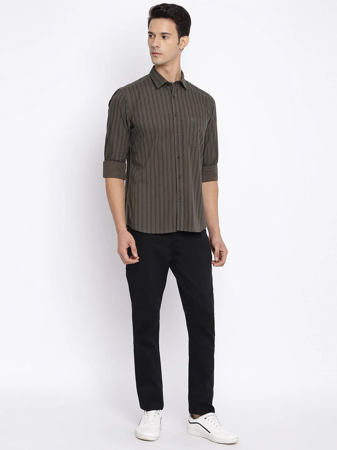 Men's Olive Green Casual Narrow Stripe Full Sleeve Shirt
